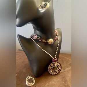 Elegant Beaded Burgundy, Pink, Silver Tones Necklace and a Long Pendant Necklace